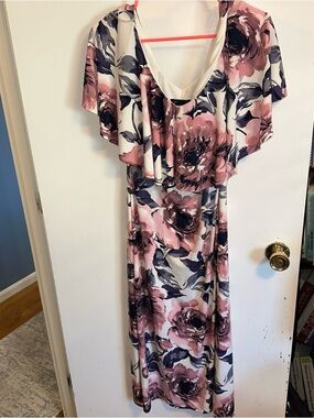 connected apparel Pink Floral Maxi Dress with Navy Accents